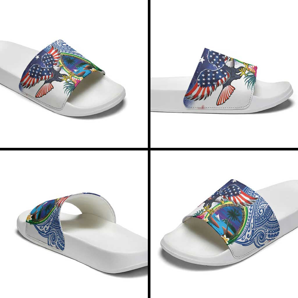 Guam and United States Together Slide Sandals Bald Eagle and Guam Seal with Flower and Tribal Tattoos - Wonder Print Shop