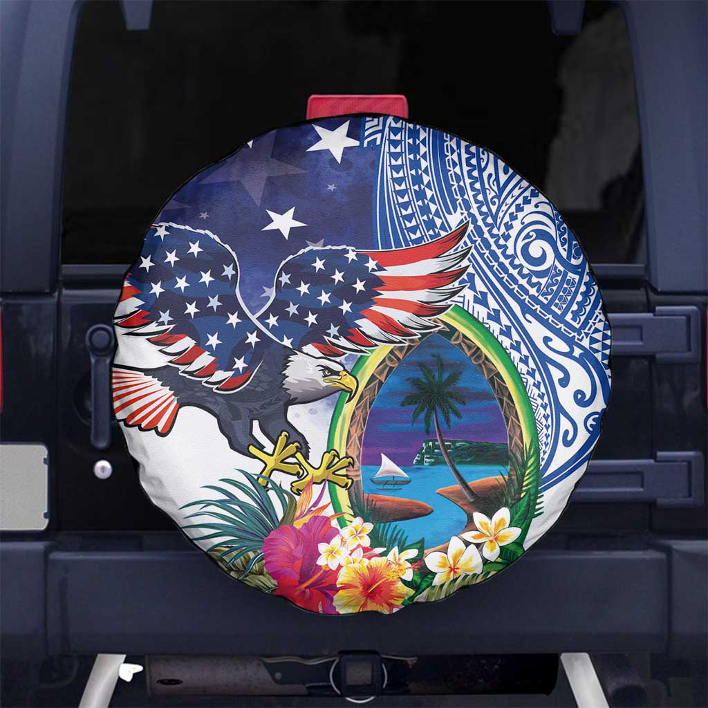 Guam and United States Together Spare Tire Cover Bald Eagle and Guam Seal with Flower and Tribal Tattoos - Wonder Print Shop