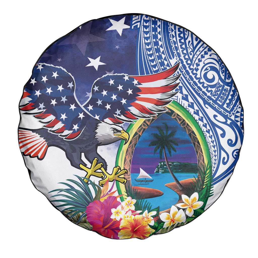 Guam and United States Together Spare Tire Cover Bald Eagle and Guam Seal with Flower and Tribal Tattoos - Wonder Print Shop