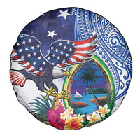 Guam and United States Together Spare Tire Cover Bald Eagle and Guam Seal with Flower and Tribal Tattoos - Wonder Print Shop