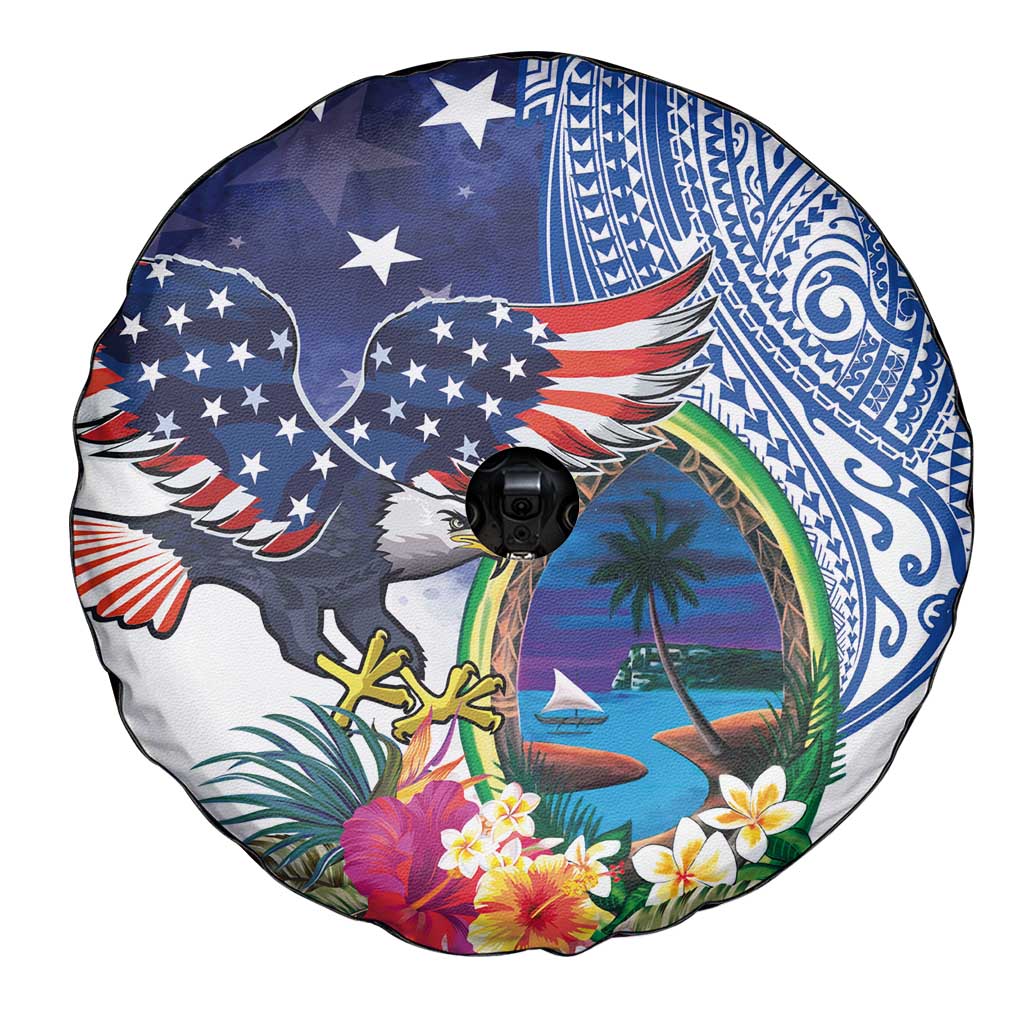 Guam and United States Together Spare Tire Cover Bald Eagle and Guam Seal with Flower and Tribal Tattoos - Wonder Print Shop