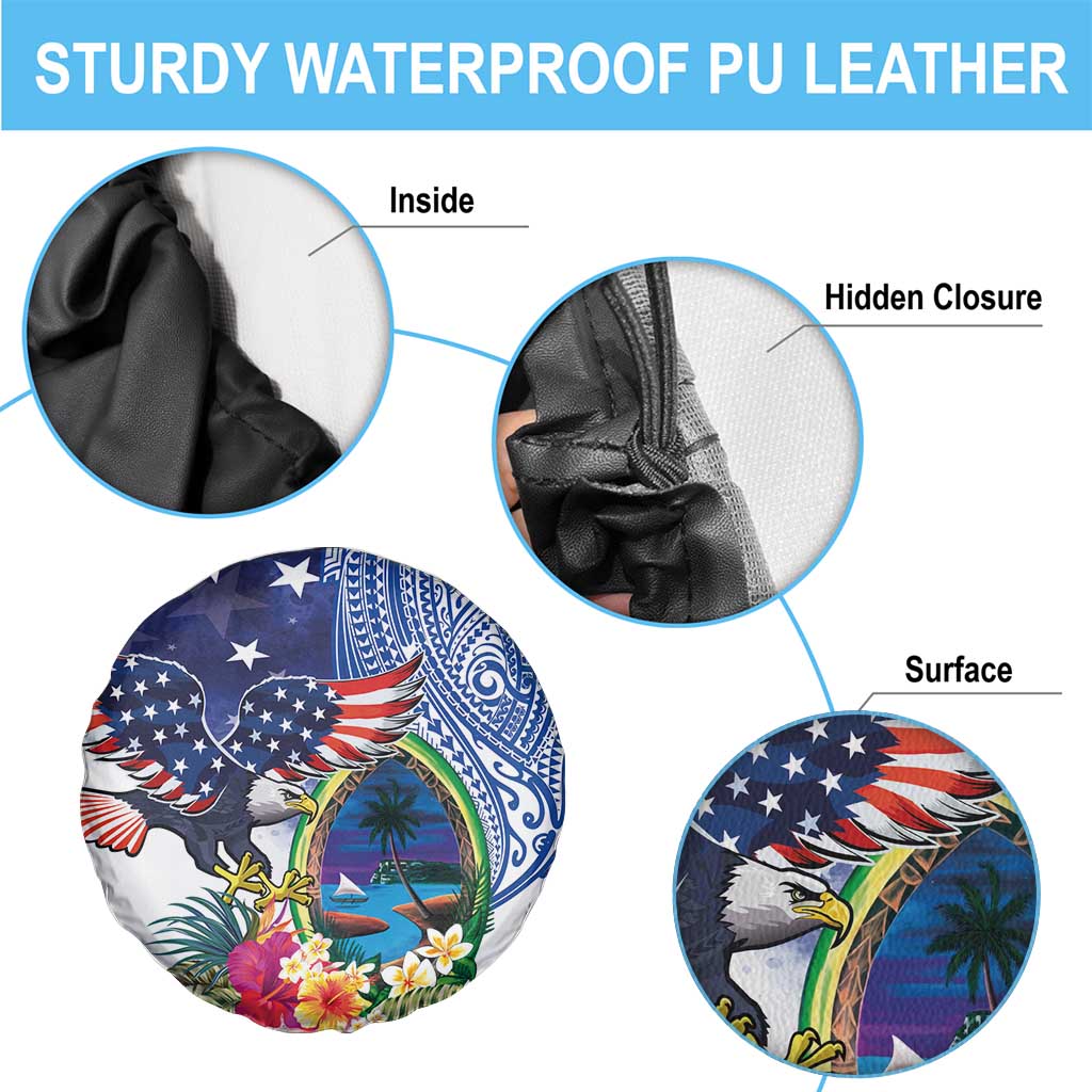 Guam and United States Together Spare Tire Cover Bald Eagle and Guam Seal with Flower and Tribal Tattoos - Wonder Print Shop