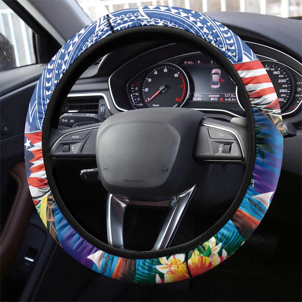 Guam and United States Together Steering Wheel Cover Bald Eagle and Guam Seal with Flower and Tribal Tattoos - Wonder Print Shop