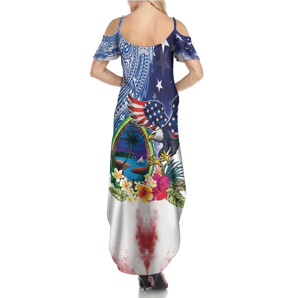 Guam and United States Together Summer Maxi Dress Bald Eagle and Guam Seal with Flower and Tribal Tattoos - Wonder Print Shop