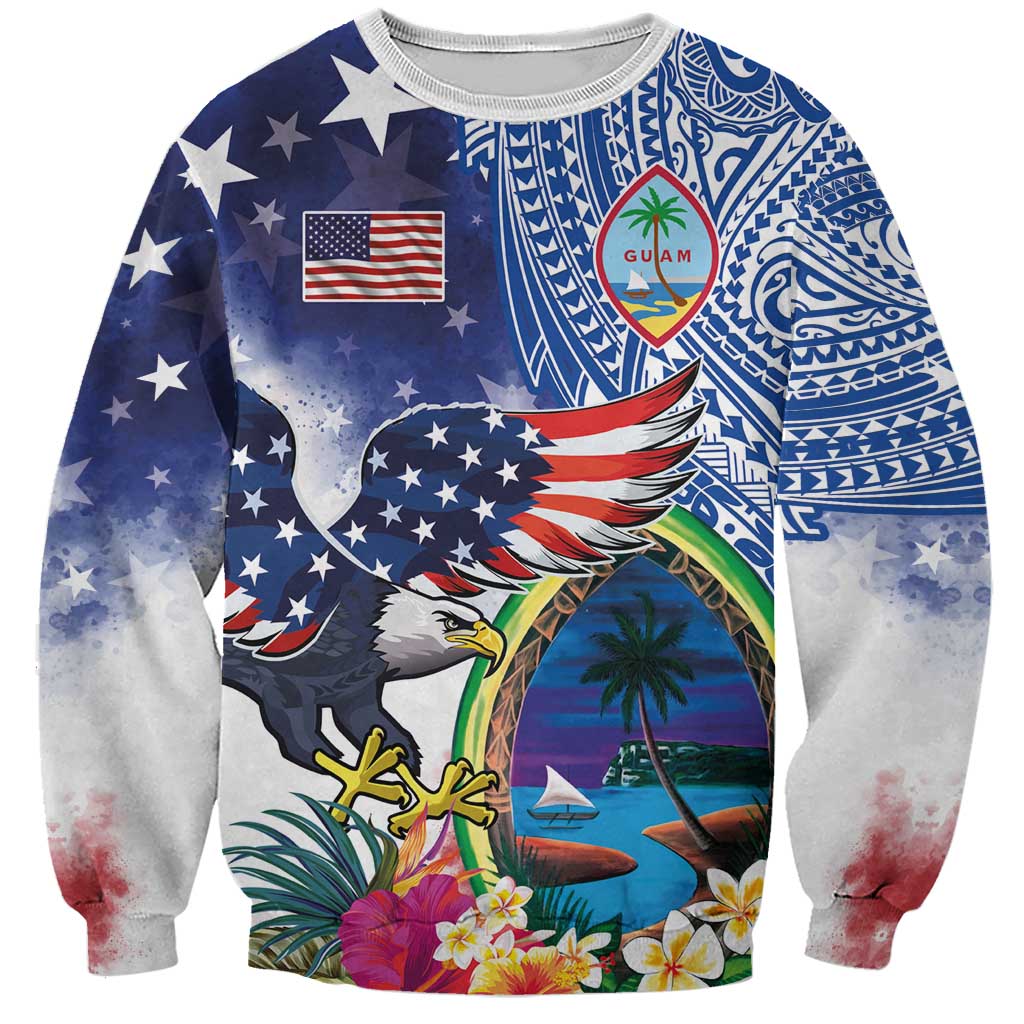 Guam and United States Together Sweatshirt Bald Eagle and Guam Seal with Flower and Tribal Tattoos - Wonder Print Shop