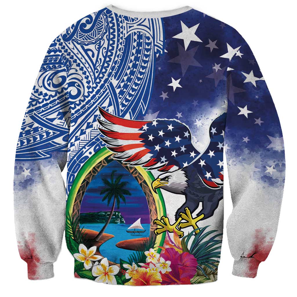 Guam and United States Together Sweatshirt Bald Eagle and Guam Seal with Flower and Tribal Tattoos - Wonder Print Shop