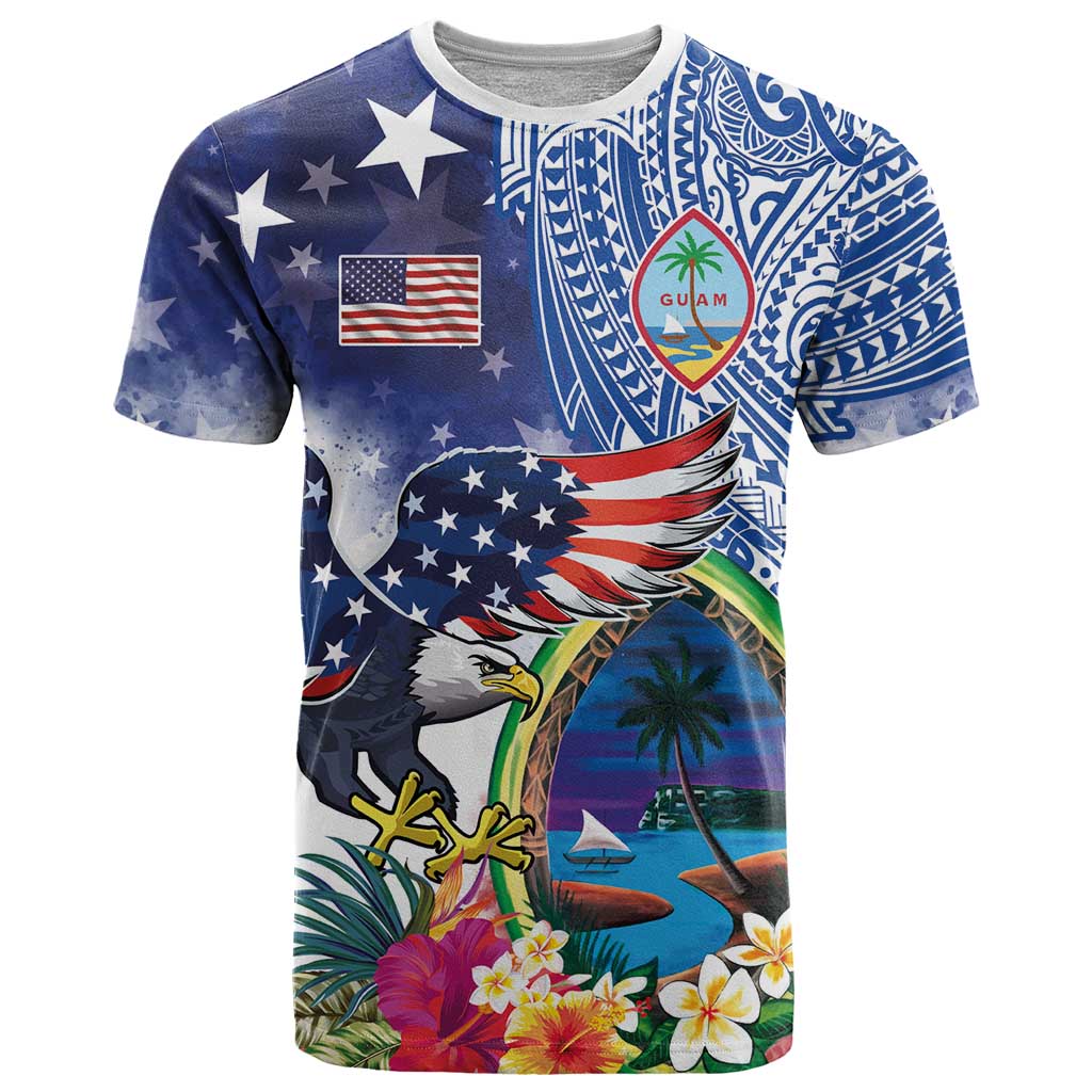 Guam and United States Together T Shirt Bald Eagle and Guam Seal with Flower and Tribal Tattoos - Wonder Print Shop