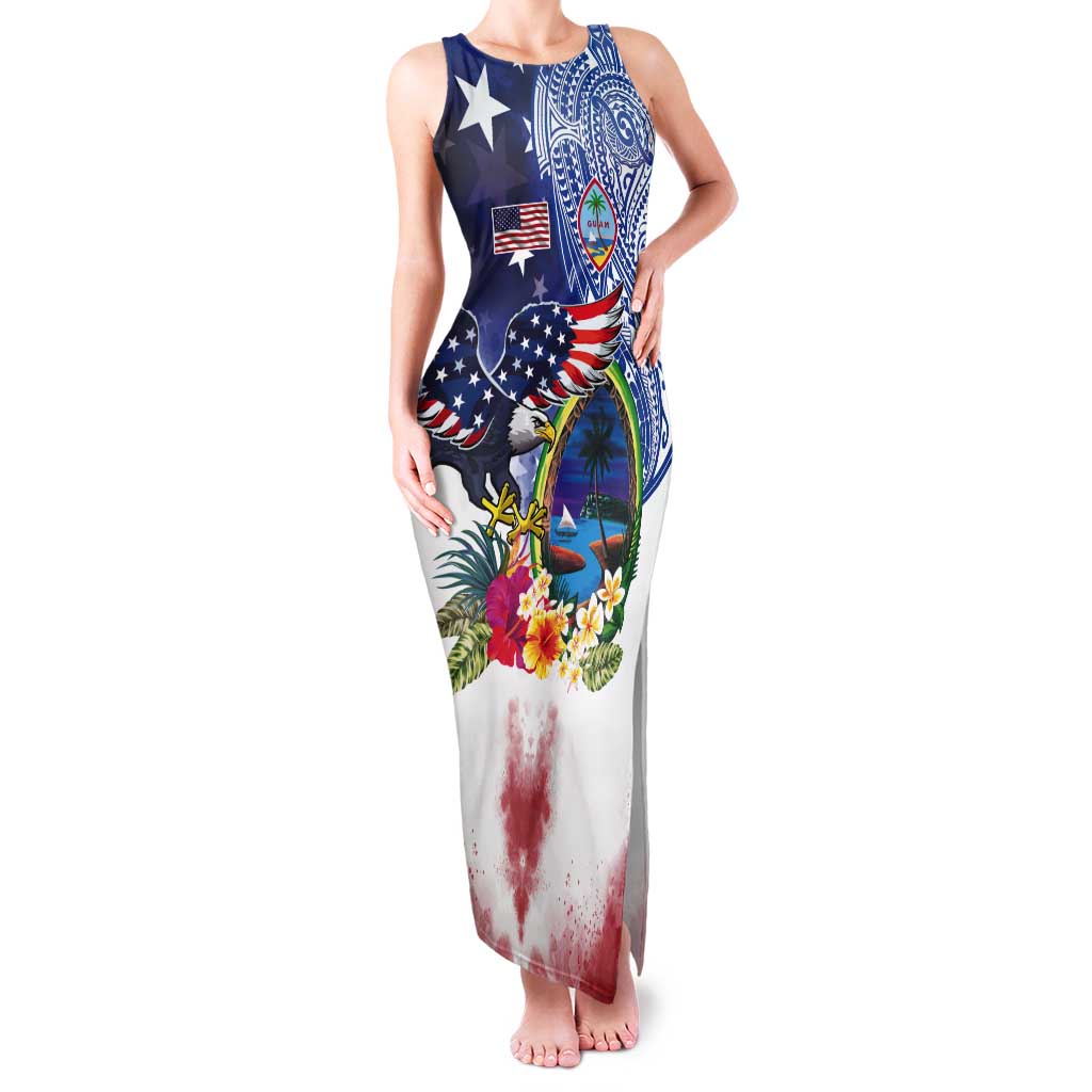 Guam and United States Together Tank Maxi Dress Bald Eagle and Guam Seal with Flower and Tribal Tattoos - Wonder Print Shop