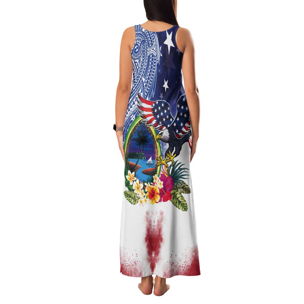 Guam and United States Together Tank Maxi Dress Bald Eagle and Guam Seal with Flower and Tribal Tattoos - Wonder Print Shop