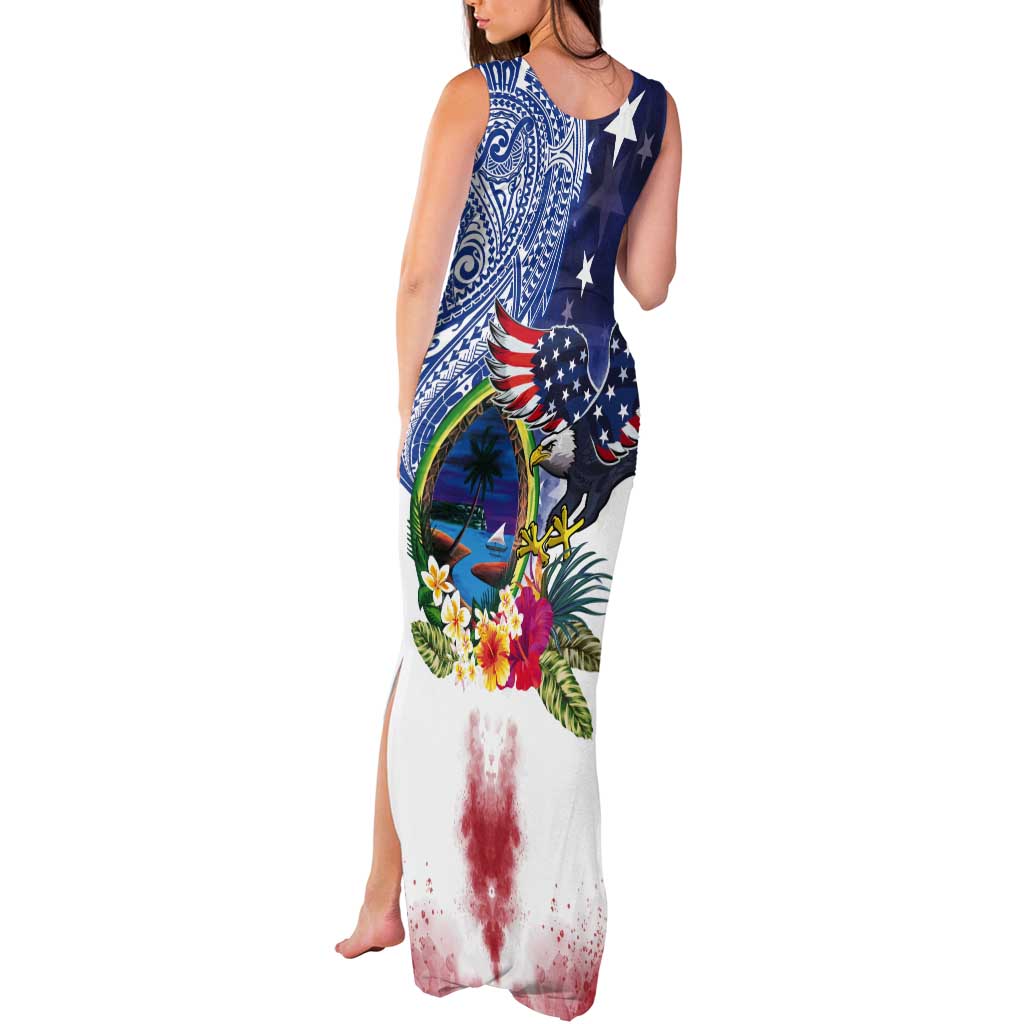 Guam and United States Together Tank Maxi Dress Bald Eagle and Guam Seal with Flower and Tribal Tattoos - Wonder Print Shop