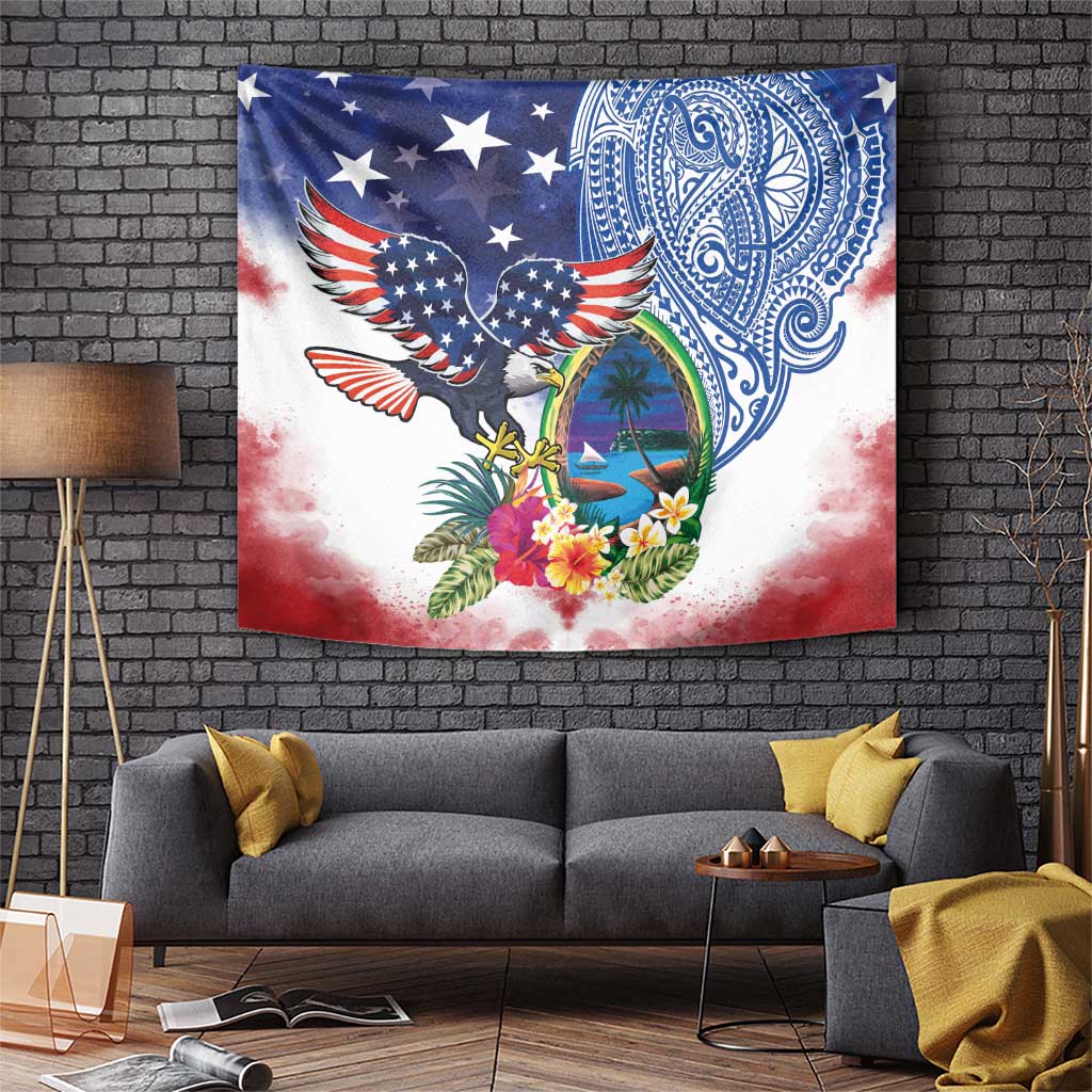 Guam and United States Together Tapestry Bald Eagle and Guam Seal with Flower and Tribal Tattoos - undefined