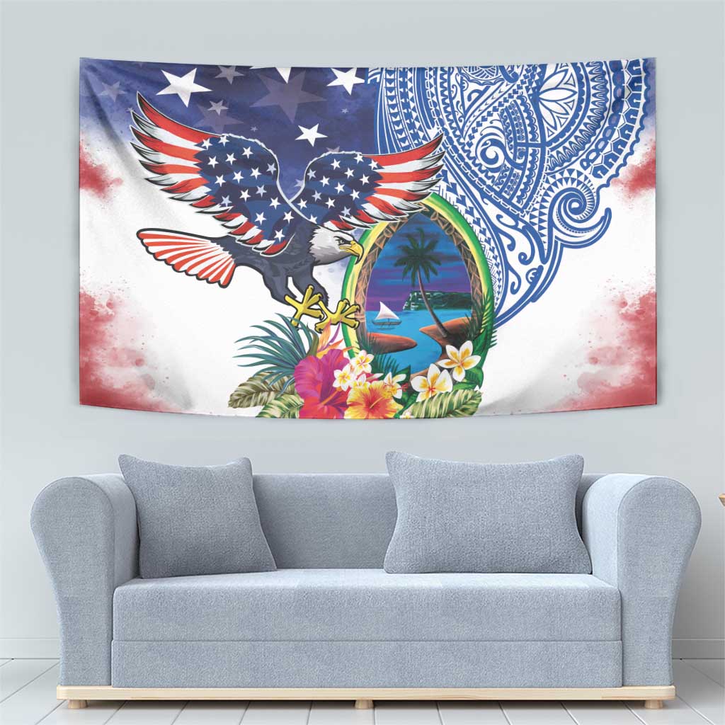 Guam and United States Together Tapestry Bald Eagle and Guam Seal with Flower and Tribal Tattoos - undefined
