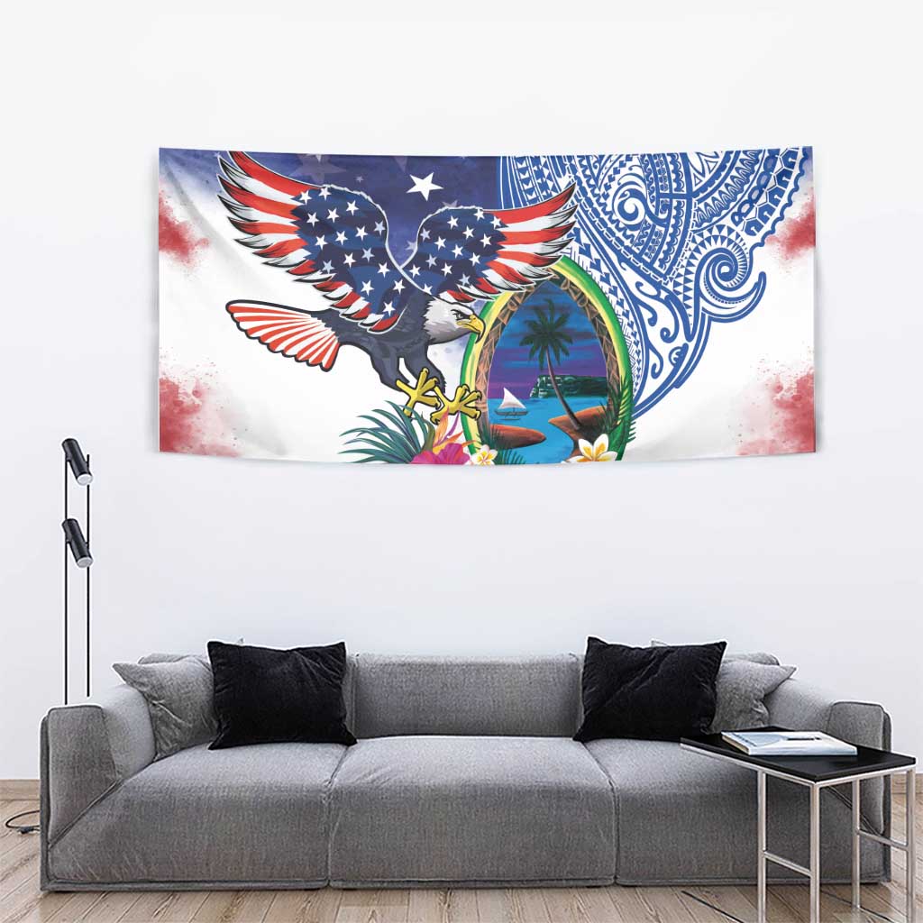 Guam and United States Together Tapestry Bald Eagle and Guam Seal with Flower and Tribal Tattoos - undefined