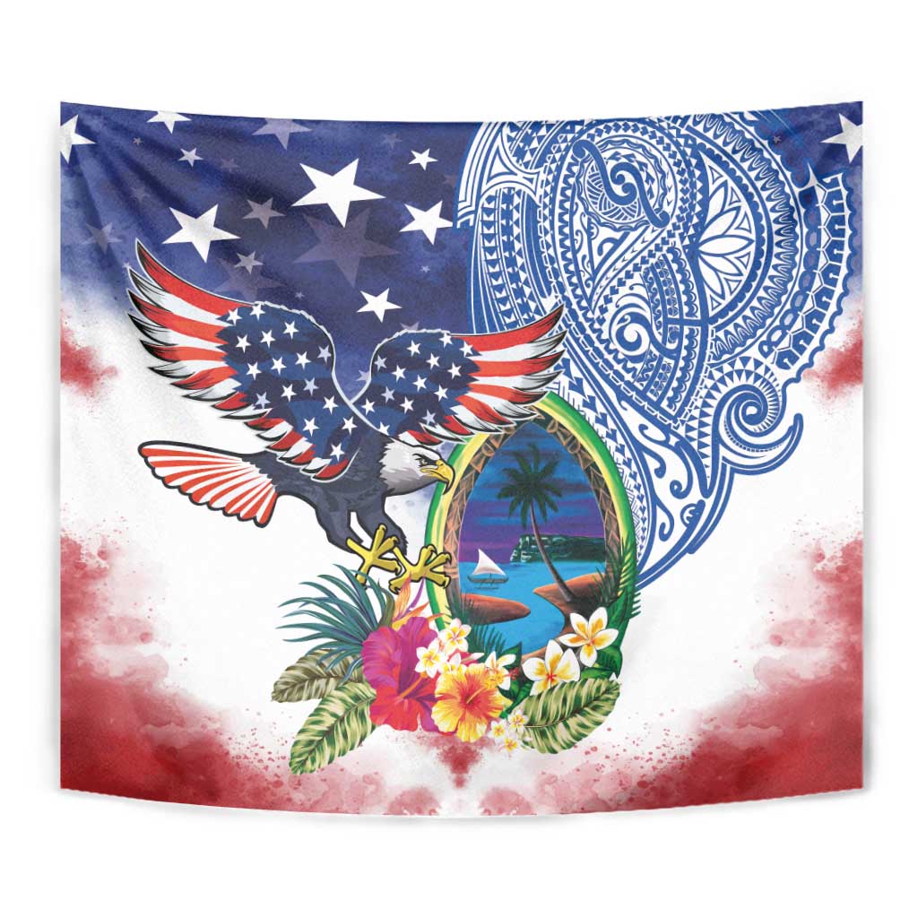 Guam and United States Together Tapestry Bald Eagle and Guam Seal with Flower and Tribal Tattoos - undefined