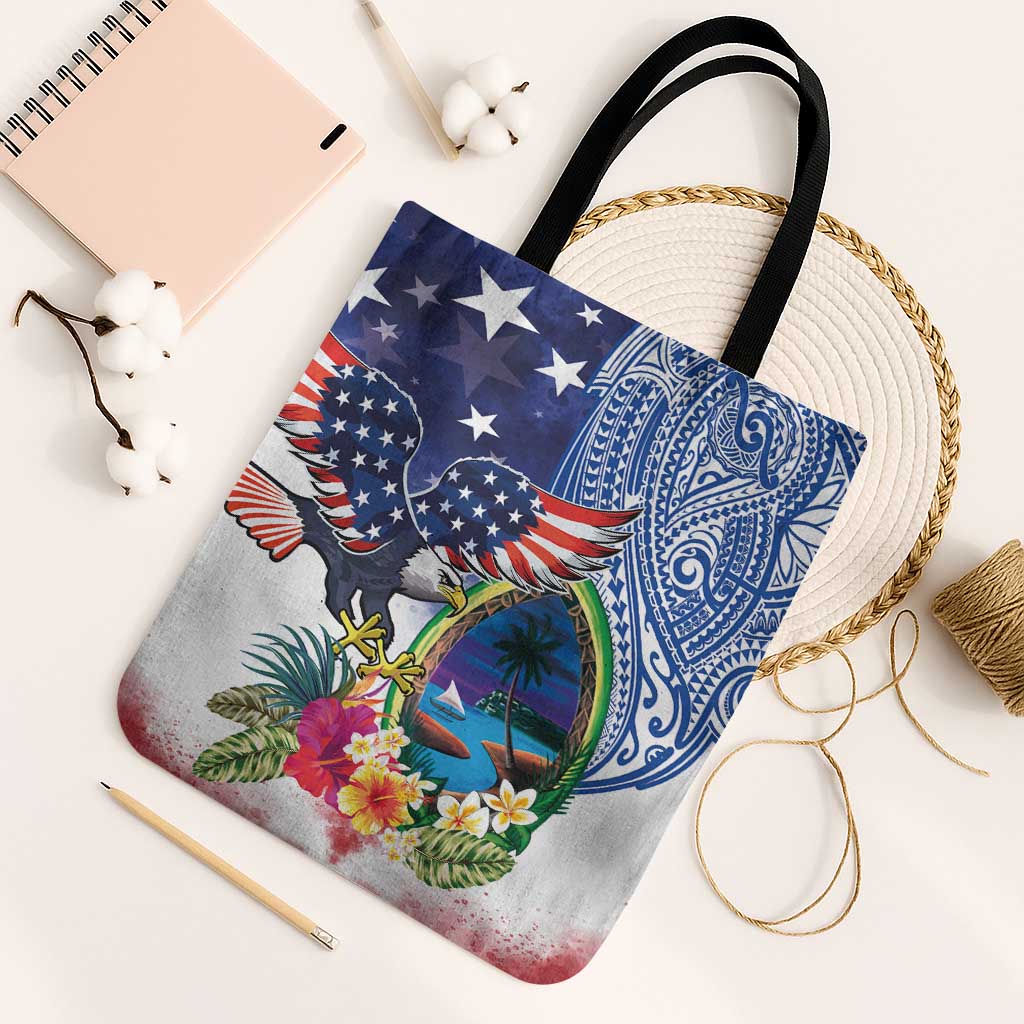 Guam and United States Together Tote Bag Bald Eagle and Guam Seal with Flower and Tribal Tattoos - Wonder Print Shop