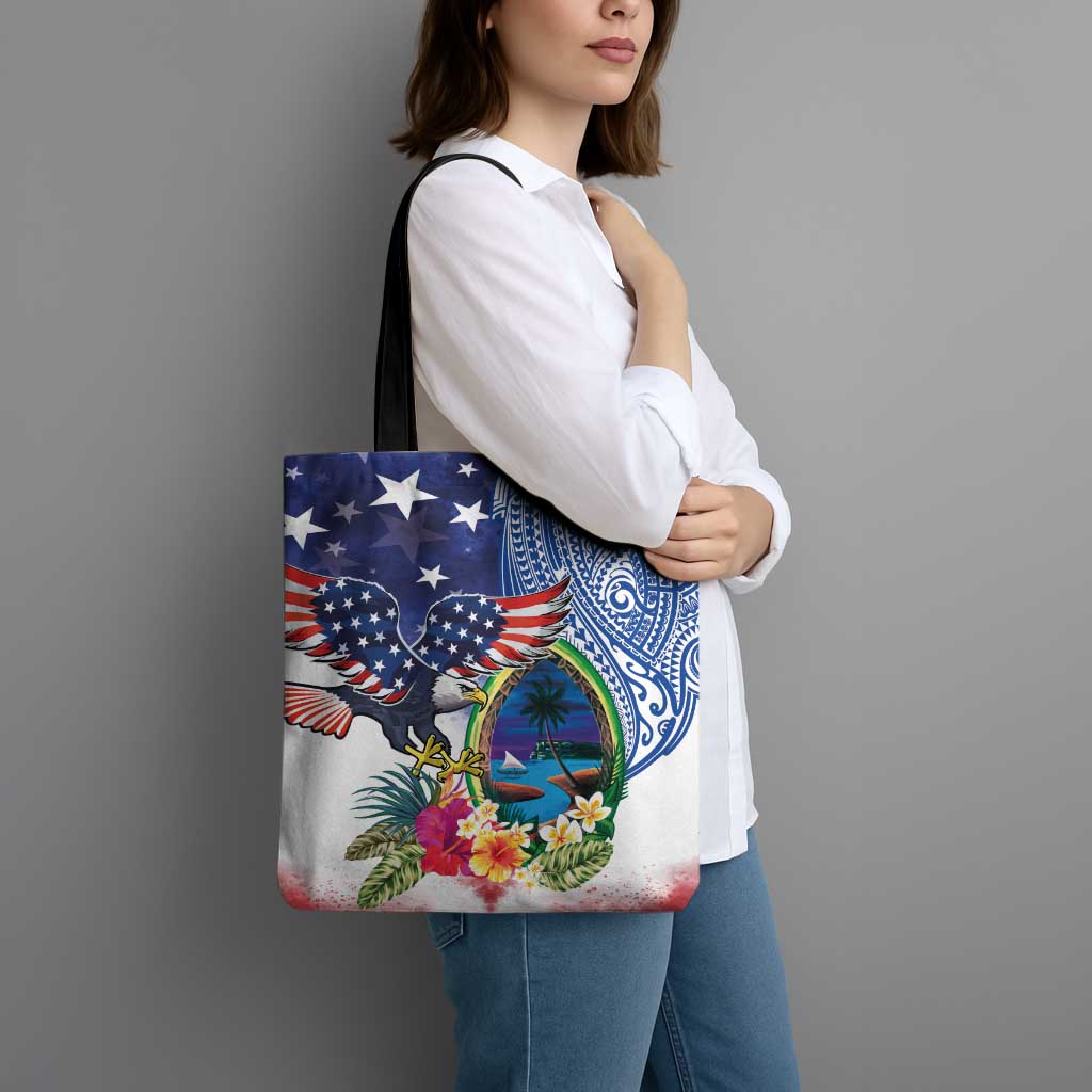 Guam and United States Together Tote Bag Bald Eagle and Guam Seal with Flower and Tribal Tattoos - Wonder Print Shop
