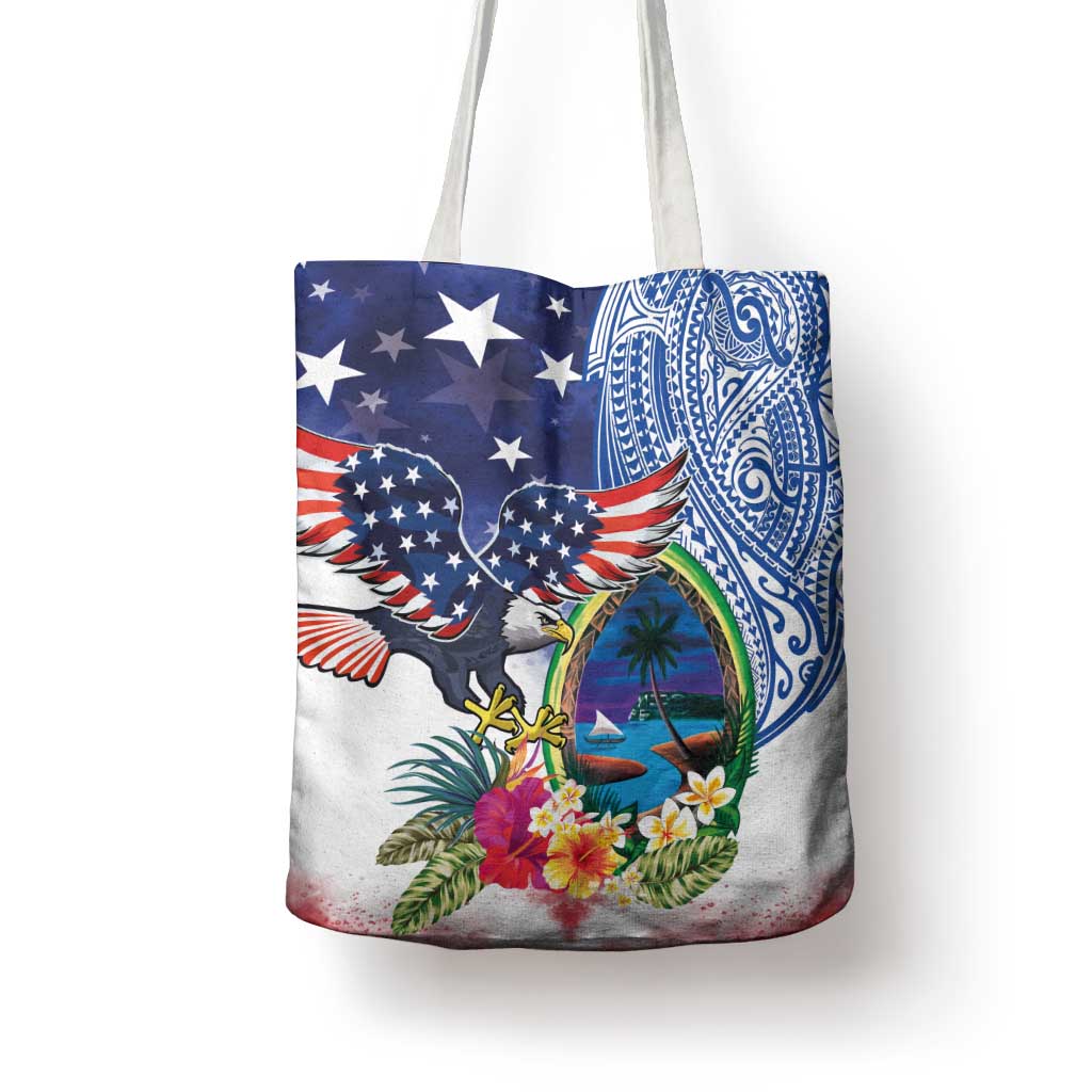 Guam and United States Together Tote Bag Bald Eagle and Guam Seal with Flower and Tribal Tattoos - Wonder Print Shop
