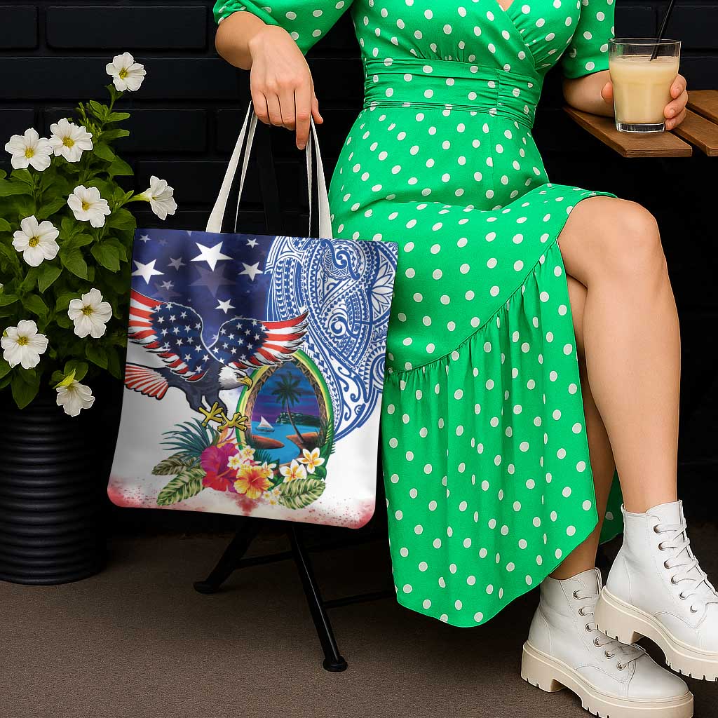 Guam and United States Together Tote Bag Bald Eagle and Guam Seal with Flower and Tribal Tattoos - Wonder Print Shop