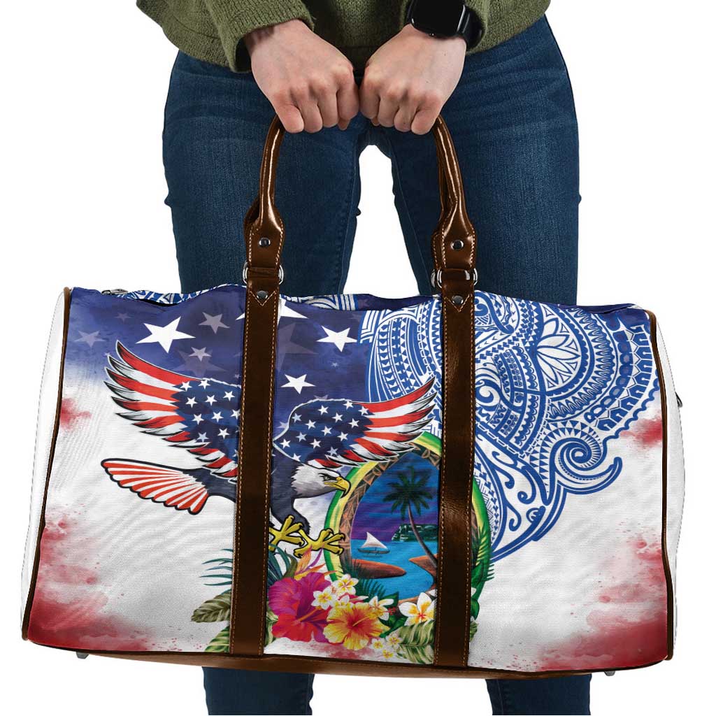 Guam and United States Together Travel Bag Bald Eagle and Guam Seal with Flower and Tribal Tattoos - Wonder Print Shop
