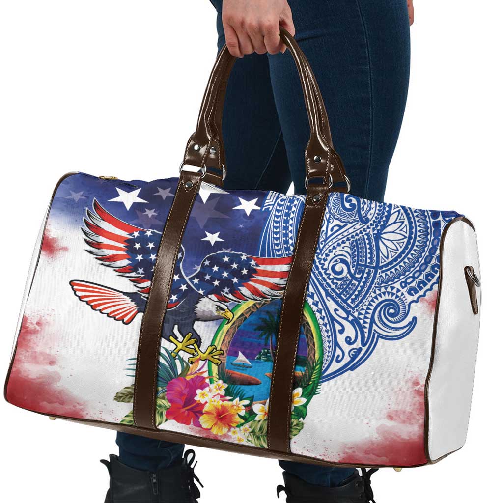 Guam and United States Together Travel Bag Bald Eagle and Guam Seal with Flower and Tribal Tattoos - Wonder Print Shop