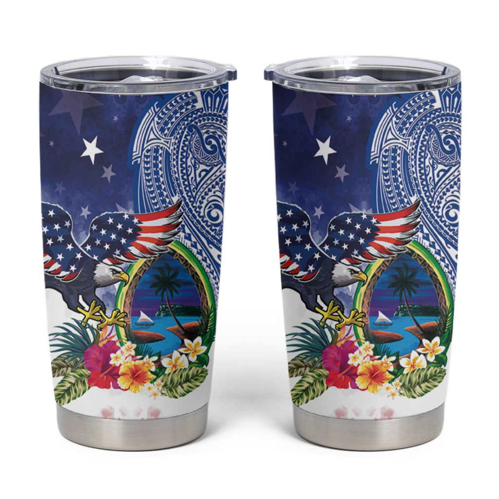 Guam and United States Together Tumbler Cup Bald Eagle and Guam Seal with Flower and Tribal Tattoos - Wonder Print Shop