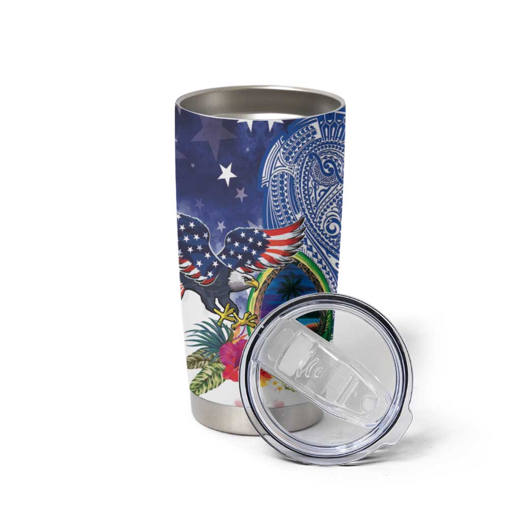 Guam and United States Together Tumbler Cup Bald Eagle and Guam Seal with Flower and Tribal Tattoos - Wonder Print Shop