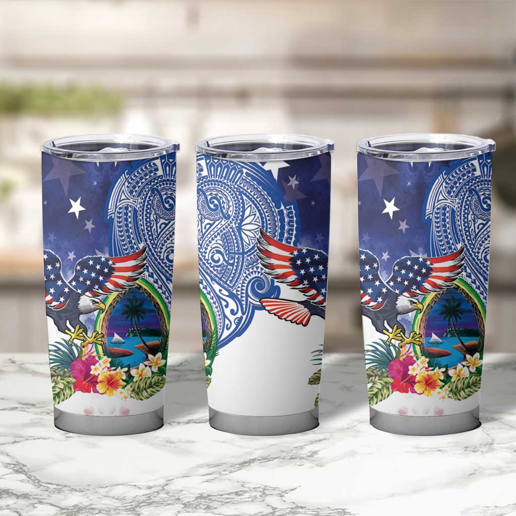 Guam and United States Together Tumbler Cup Bald Eagle and Guam Seal with Flower and Tribal Tattoos - Wonder Print Shop