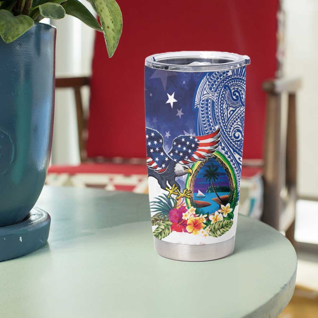 Guam and United States Together Tumbler Cup Bald Eagle and Guam Seal with Flower and Tribal Tattoos - Wonder Print Shop