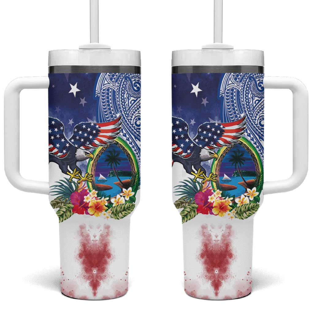 Guam and United States Together Tumbler With Handle Bald Eagle and Guam Seal with Flower and Tribal Tattoos - Wonder Print Shop