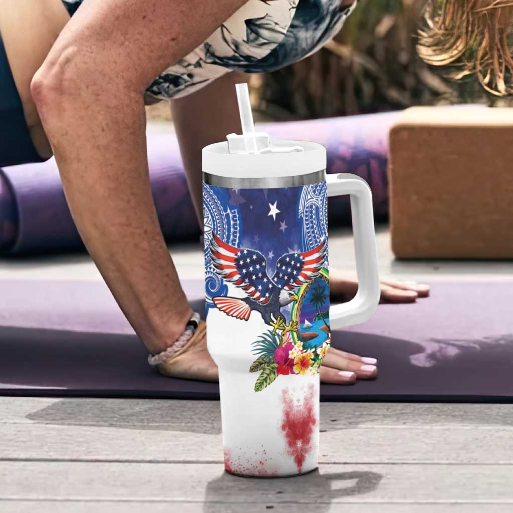 Guam and United States Together Tumbler With Handle Bald Eagle and Guam Seal with Flower and Tribal Tattoos - Wonder Print Shop