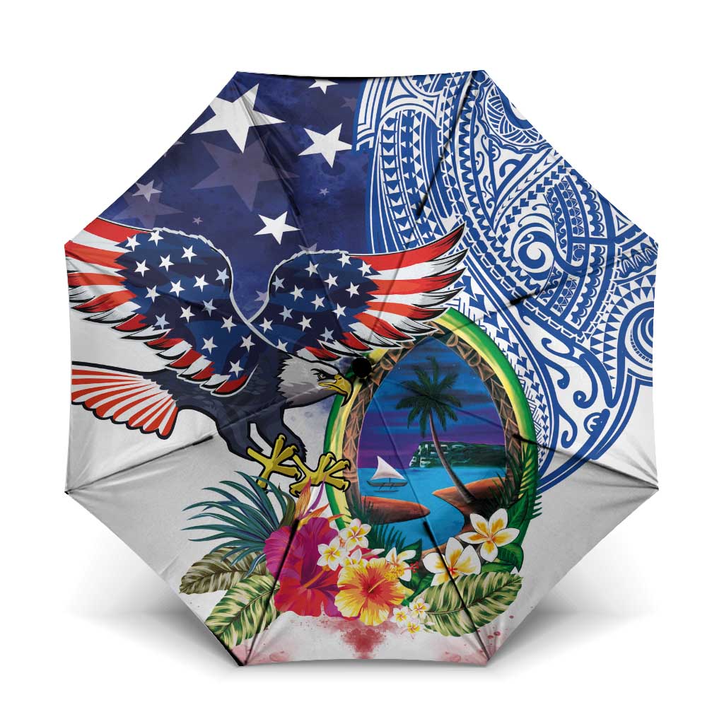 Guam and United States Together Umbrella Bald Eagle and Guam Seal with Flower and Tribal Tattoos - Wonder Print Shop