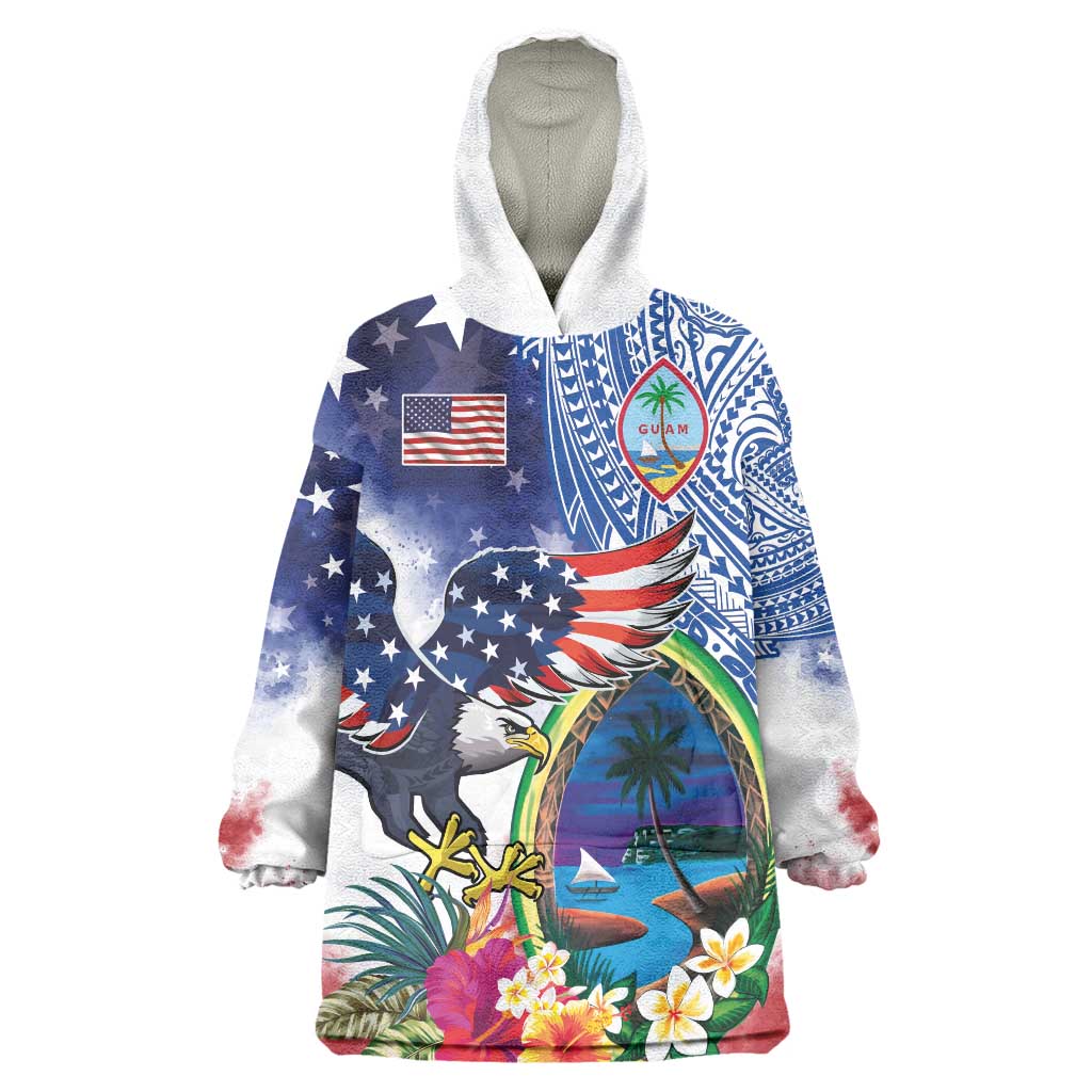 Guam and United States Together Wearable Blanket Hoodie Bald Eagle and Guam Seal with Flower and Tribal Tattoos - Wonder Print Shop