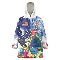 Guam and United States Together Wearable Blanket Hoodie Bald Eagle and Guam Seal with Flower and Tribal Tattoos - Wonder Print Shop
