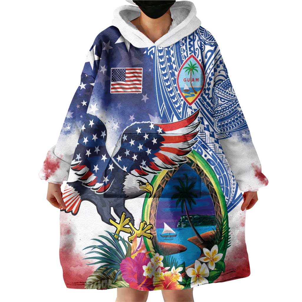 Guam and United States Together Wearable Blanket Hoodie Bald Eagle and Guam Seal with Flower and Tribal Tattoos - Wonder Print Shop