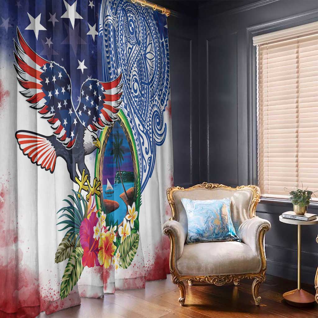 Guam and United States Together Window Curtain Bald Eagle and Guam Seal with Flower and Tribal Tattoos - Wonder Print Shop