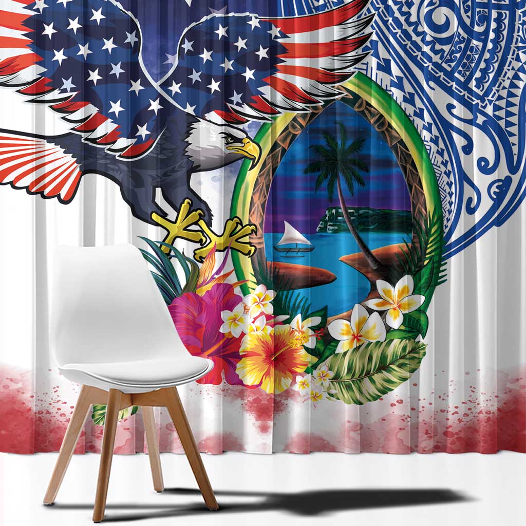 Guam and United States Together Window Curtain Bald Eagle and Guam Seal with Flower and Tribal Tattoos - Wonder Print Shop