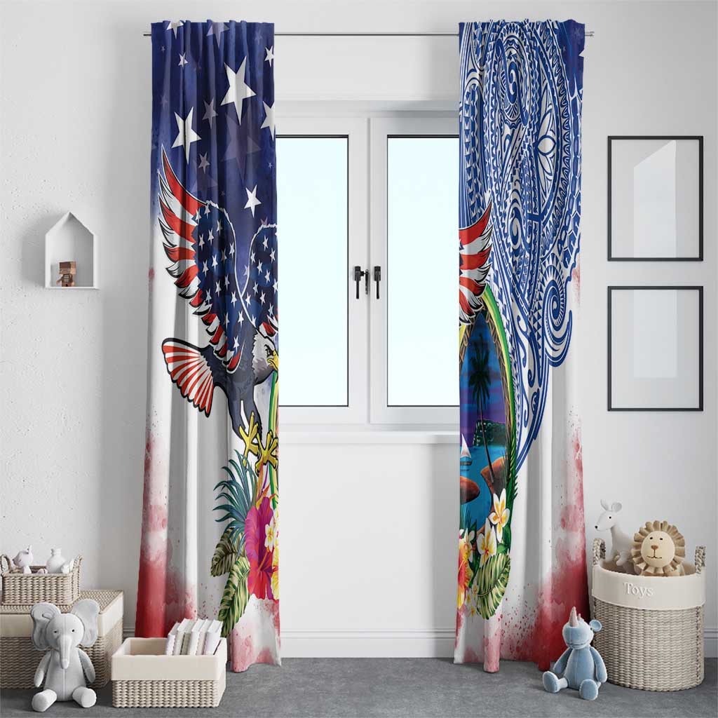 Guam and United States Together Window Curtain Bald Eagle and Guam Seal with Flower and Tribal Tattoos - Wonder Print Shop