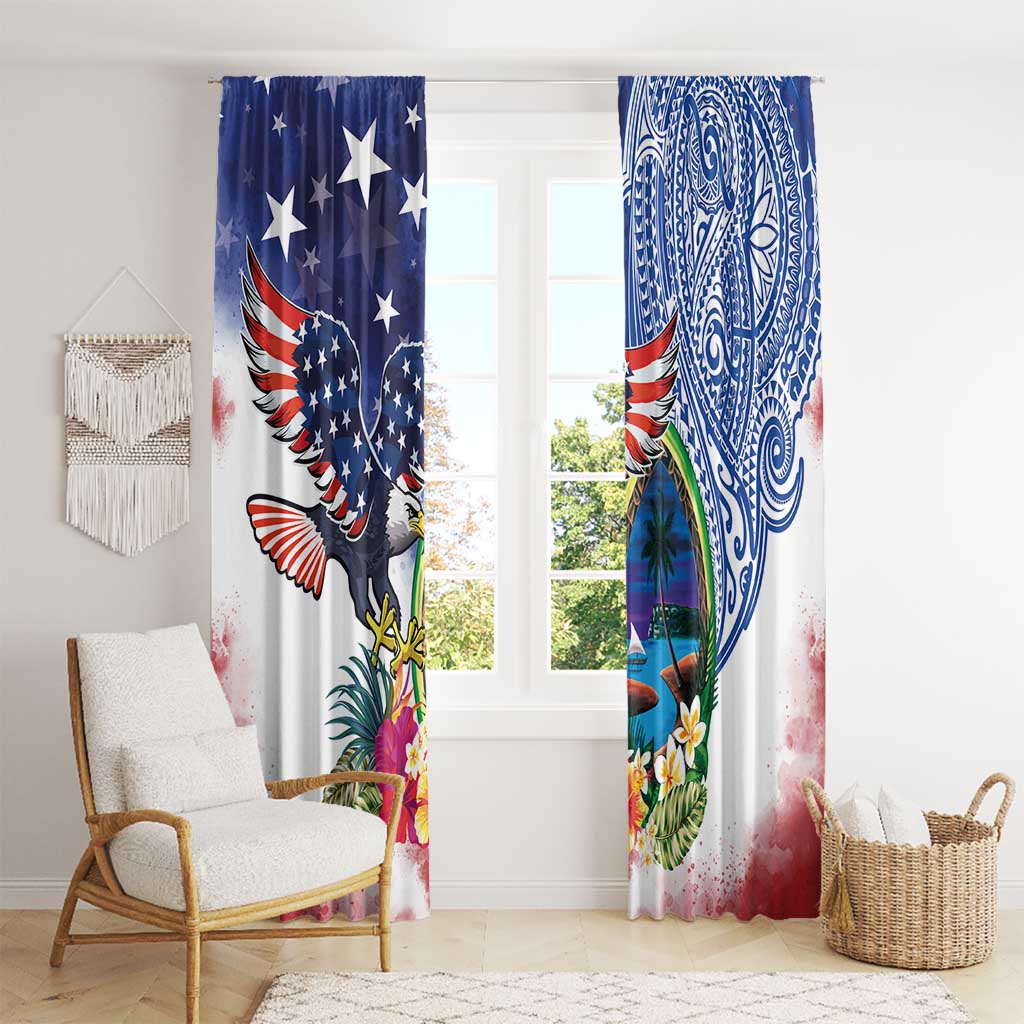 Guam and United States Together Window Curtain Bald Eagle and Guam Seal with Flower and Tribal Tattoos - Wonder Print Shop