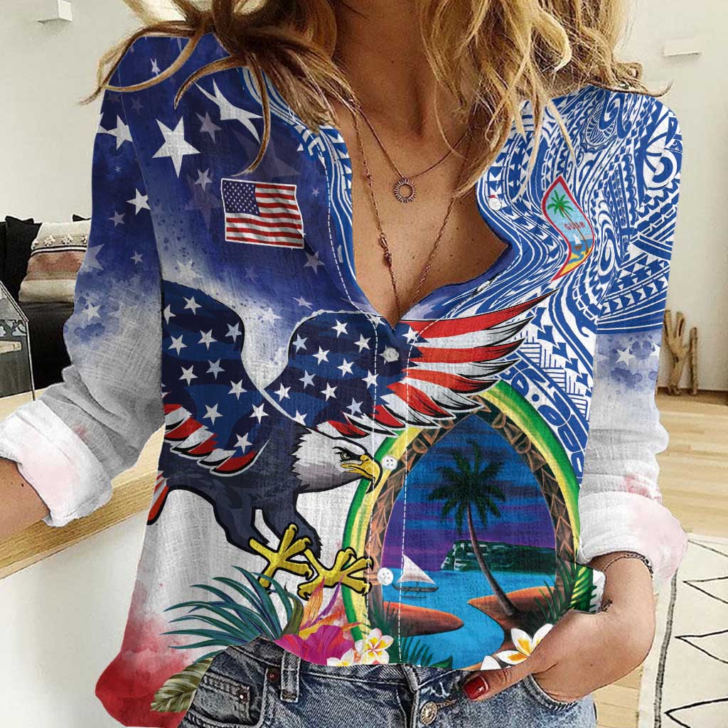 Guam and United States Together Women Casual Shirt Bald Eagle and Guam Seal with Flower and Tribal Tattoos - Wonder Print Shop