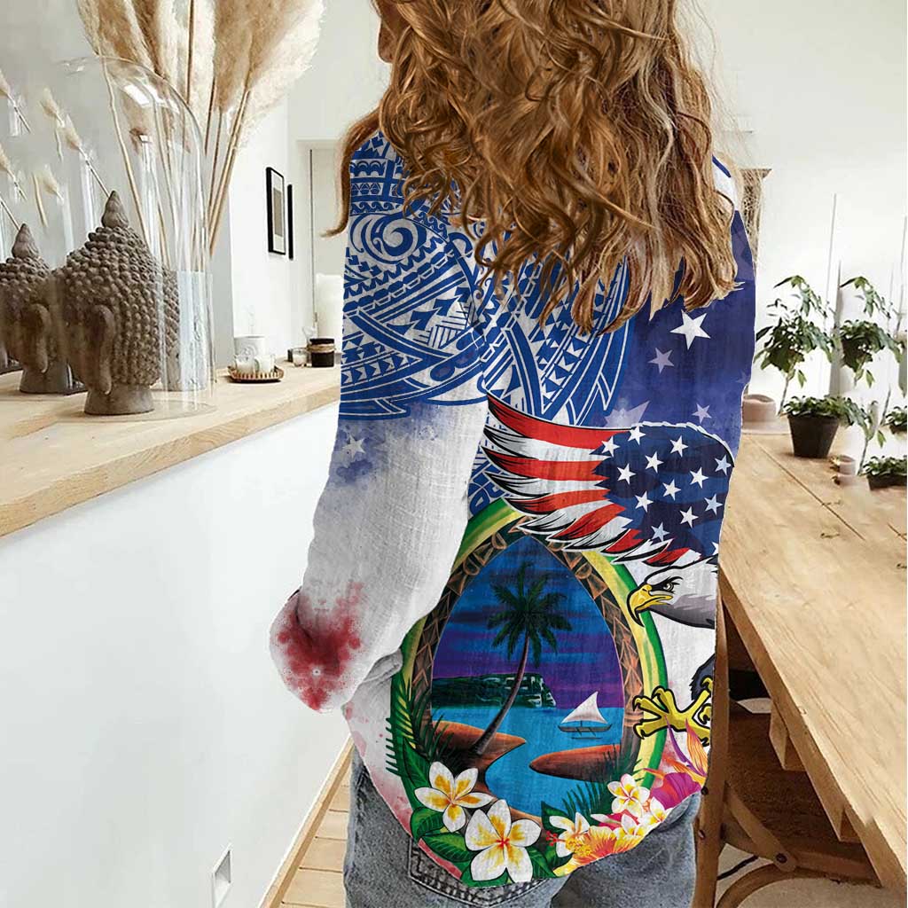 Guam and United States Together Women Casual Shirt Bald Eagle and Guam Seal with Flower and Tribal Tattoos - Wonder Print Shop