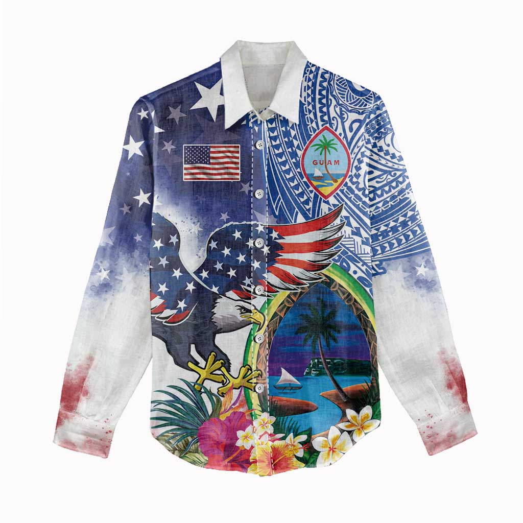 Guam and United States Together Women Casual Shirt Bald Eagle and Guam Seal with Flower and Tribal Tattoos - Wonder Print Shop