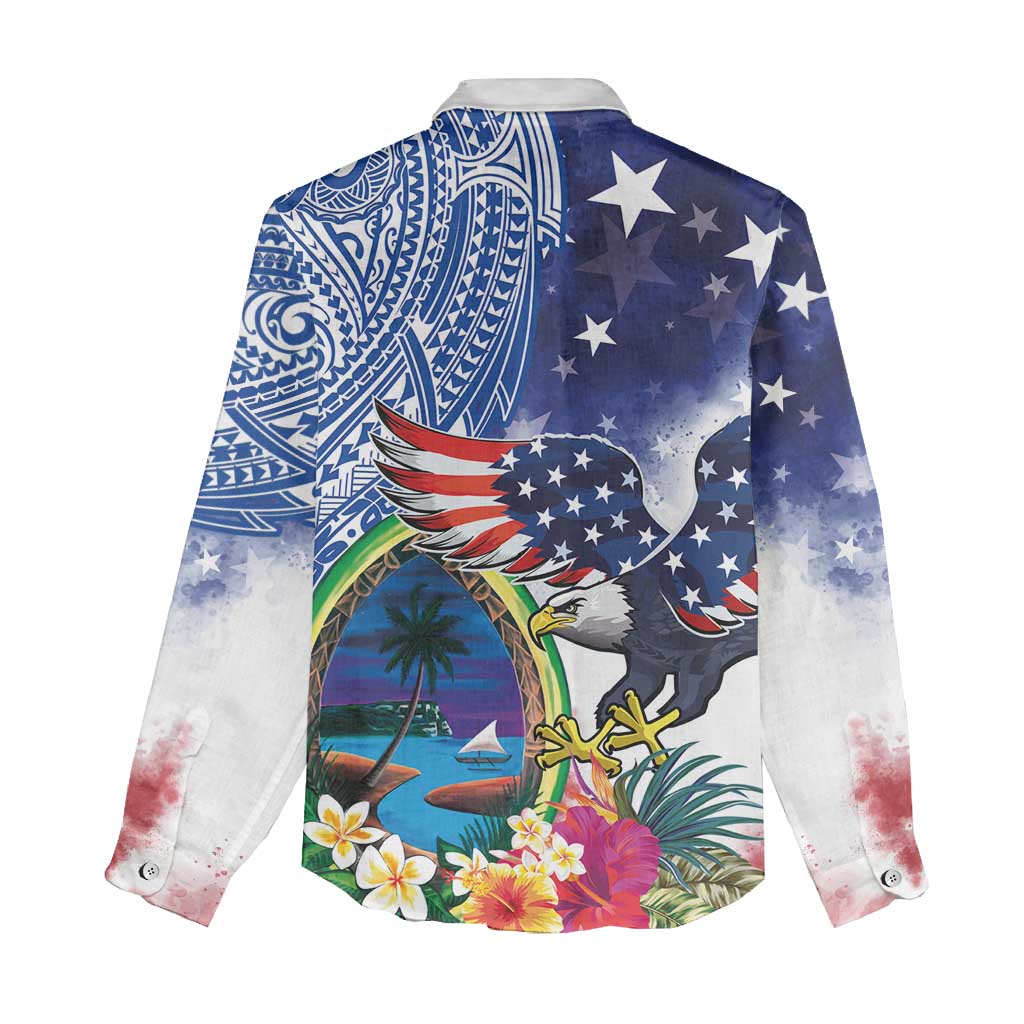 Guam and United States Together Women Casual Shirt Bald Eagle and Guam Seal with Flower and Tribal Tattoos - Wonder Print Shop