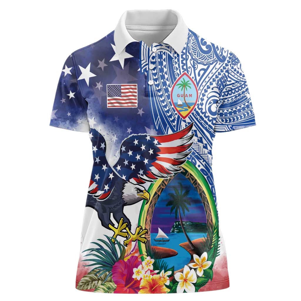 Guam and United States Together Women Polo Shirt Bald Eagle and Guam Seal with Flower and Tribal Tattoos - Wonder Print Shop