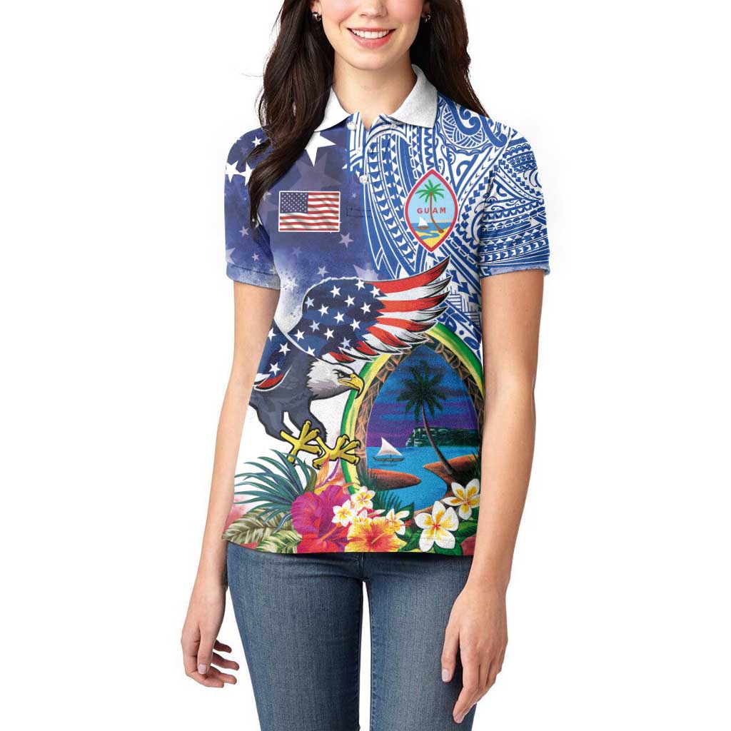 Guam and United States Together Women Polo Shirt Bald Eagle and Guam Seal with Flower and Tribal Tattoos - Wonder Print Shop