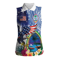 Guam and United States Together Women Sleeveless Polo Shirt Bald Eagle and Guam Seal with Flower and Tribal Tattoos - Wonder Print Shop