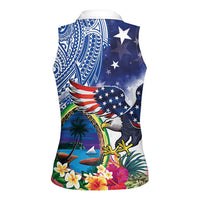 Guam and United States Together Women Sleeveless Polo Shirt Bald Eagle and Guam Seal with Flower and Tribal Tattoos - Wonder Print Shop