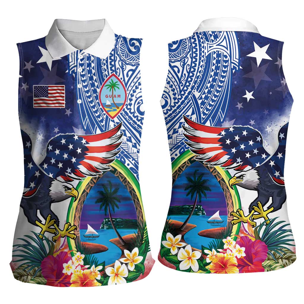 Guam and United States Together Women Sleeveless Polo Shirt Bald Eagle and Guam Seal with Flower and Tribal Tattoos - Wonder Print Shop