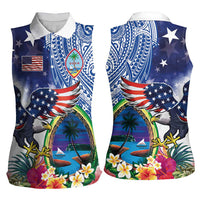 Guam and United States Together Women Sleeveless Polo Shirt Bald Eagle and Guam Seal with Flower and Tribal Tattoos - Wonder Print Shop