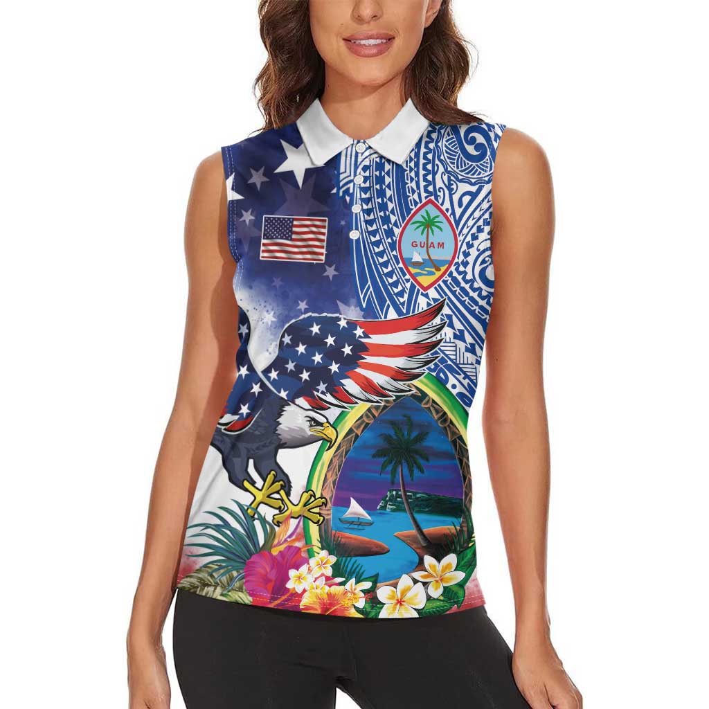 Guam and United States Together Women Sleeveless Polo Shirt Bald Eagle and Guam Seal with Flower and Tribal Tattoos - Wonder Print Shop