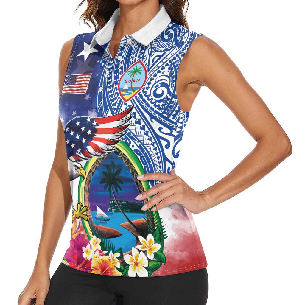 Guam and United States Together Women Sleeveless Polo Shirt Bald Eagle and Guam Seal with Flower and Tribal Tattoos - Wonder Print Shop
